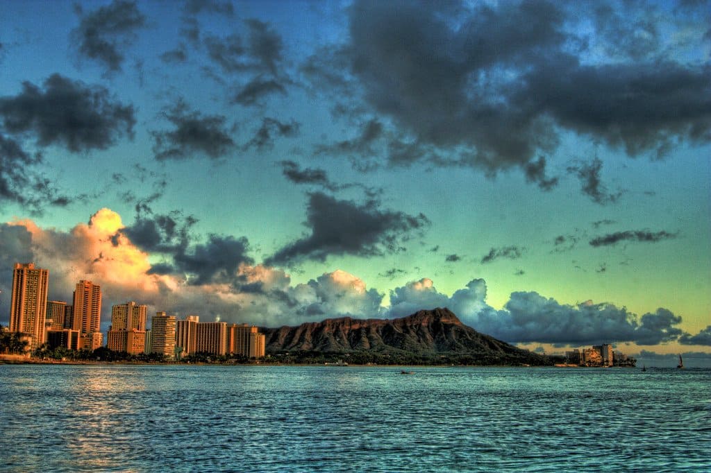 Waikīkī skyline at sunset from the water
